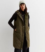 Gini London Khaki Quilted Long Hooded Gilet